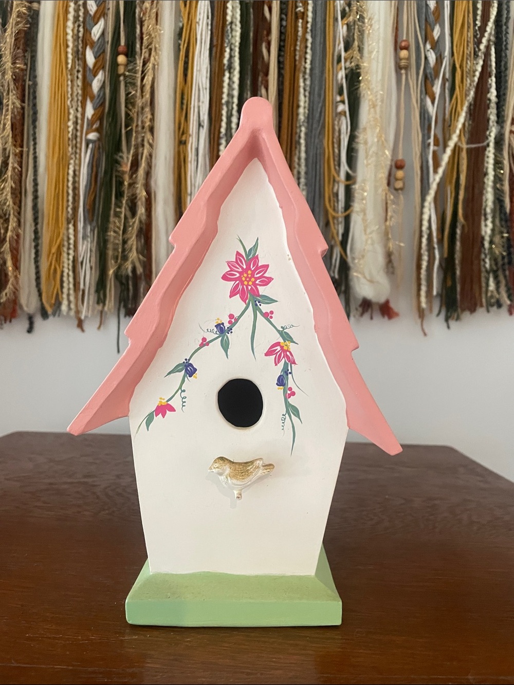 Hand-Painted Floral Birdhouse in Pink & White ceramic - can hang